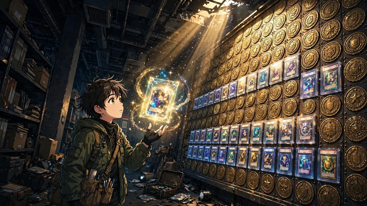 Anime illustration of a collector studying a glowing wall of corporate seals and graded card slabs in a dark archive room, vibrant cel-shaded art