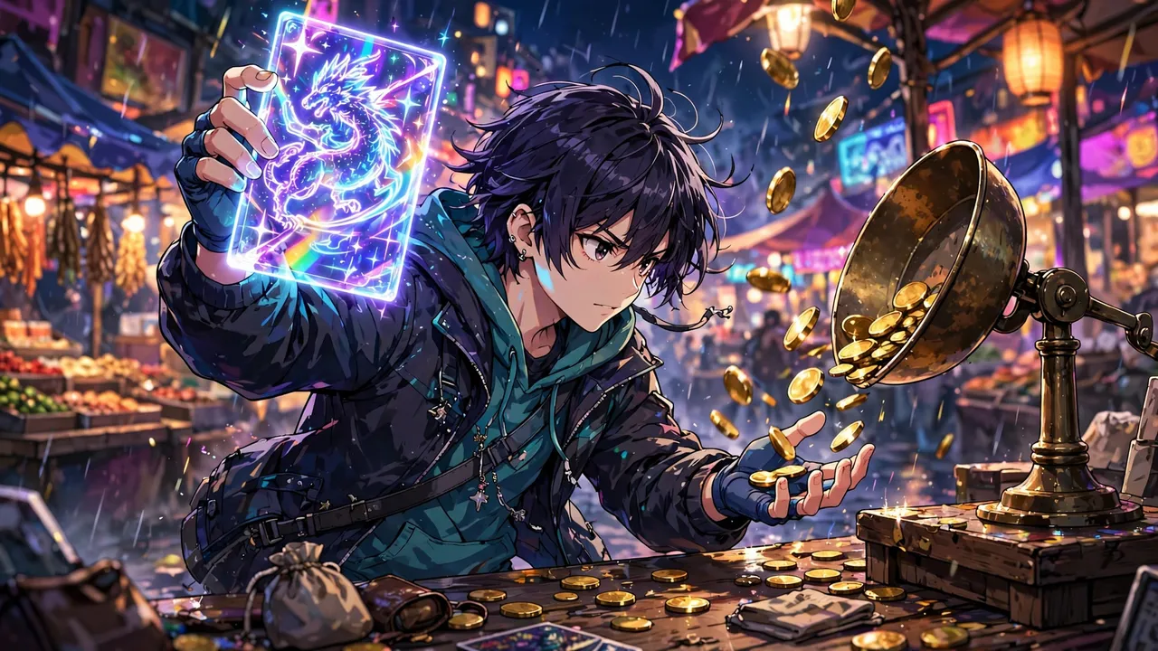 Anime illustration of a card collector holding a holographic trading card while coins slip through a tipping merchant's scale